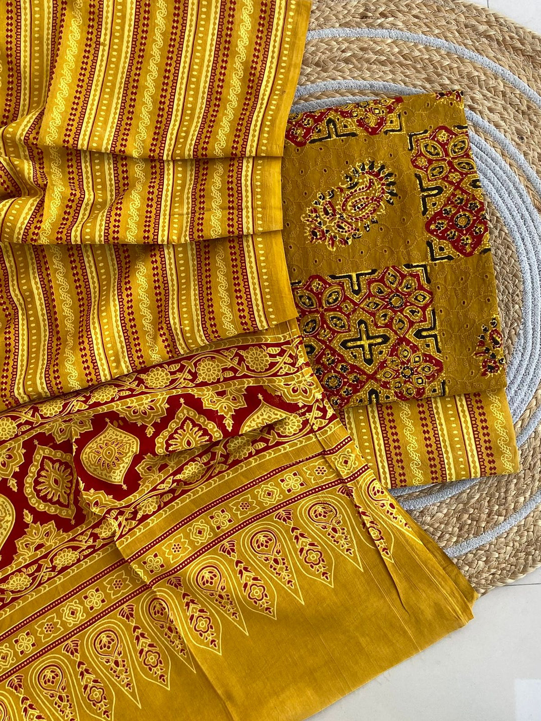 Pure Cotton Azrakh Print Unstitched Suit With  Mul cotton Duppatta