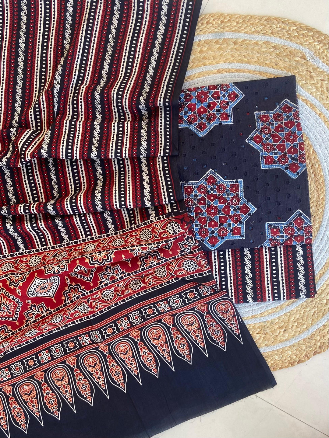 Pure Cotton Azrakh Print Unstitched Suit With  Mul cotton Duppatta