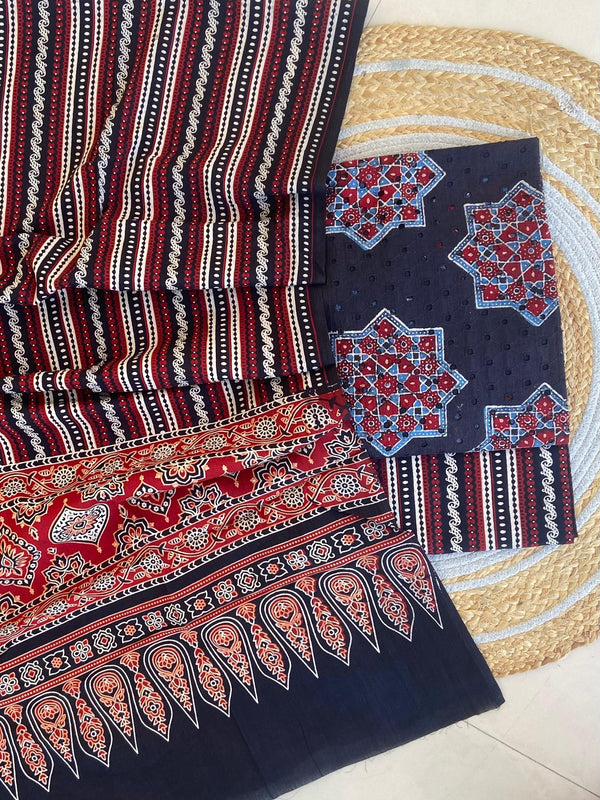 Pure Cotton Azrakh Print Unstitched Suit With  Mul cotton Duppatta
