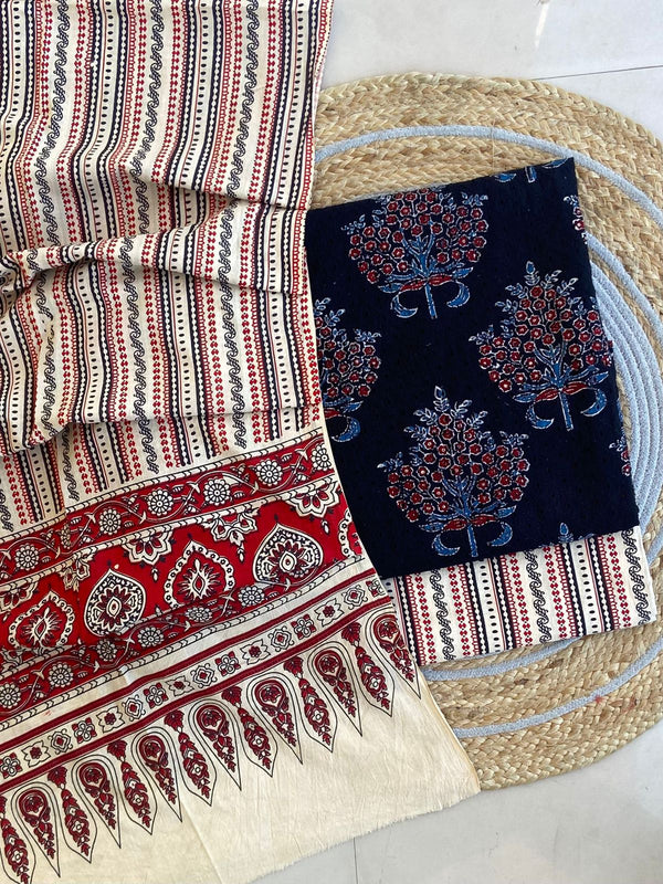 Pure Cotton Azrakh Print Unstitched Suit With  Mul cotton Duppatta
