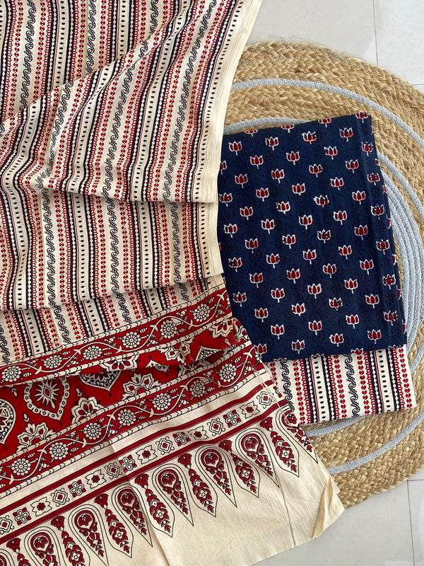 Pure Cotton Azrakh Print Unstitched Suit With  Mul cotton Duppatta