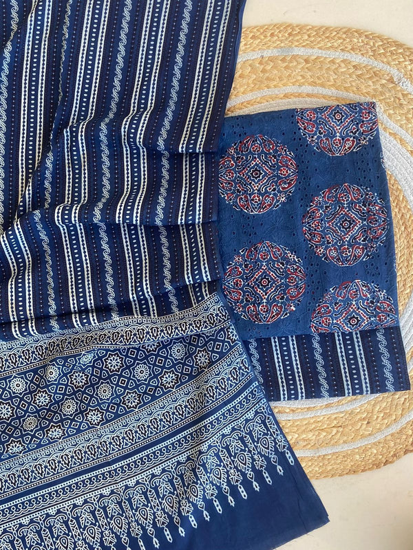 Pure Cotton Azrakh Print Unstitched Suit With  Mul cotton Duppatta
