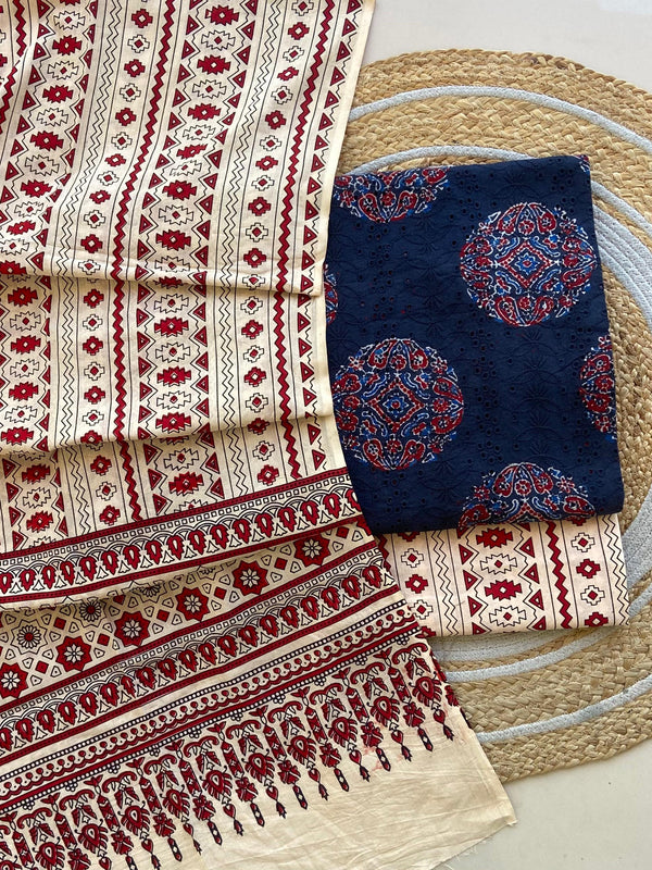 Pure Cotton Azrakh Print Unstitched Suit With  Mul cotton Duppatta
