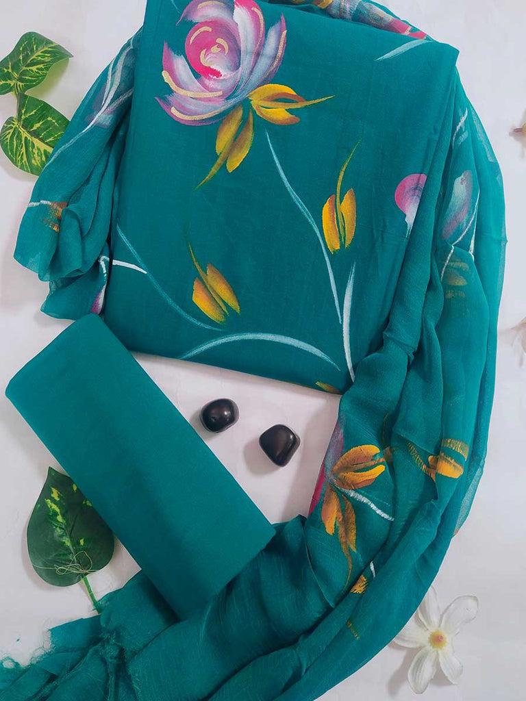 Pure Cotton Hand Block Print Unstitched Suit With Chiffon Dupatta .