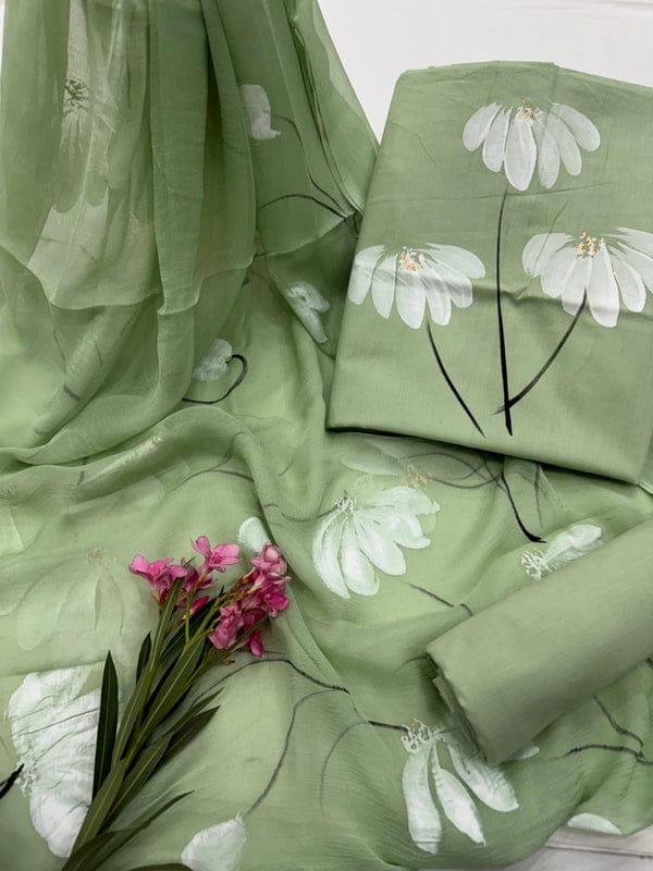 Pure Cotton Hand Block Print Unstitched Suit With Chiffon Dupatta .
