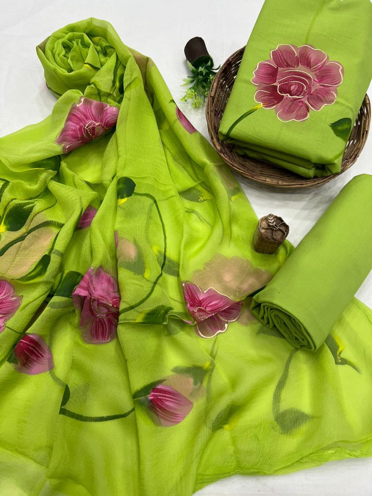 Pure Cotton Hand Block Print Unstitched Suit With Chiffon Dupatta .