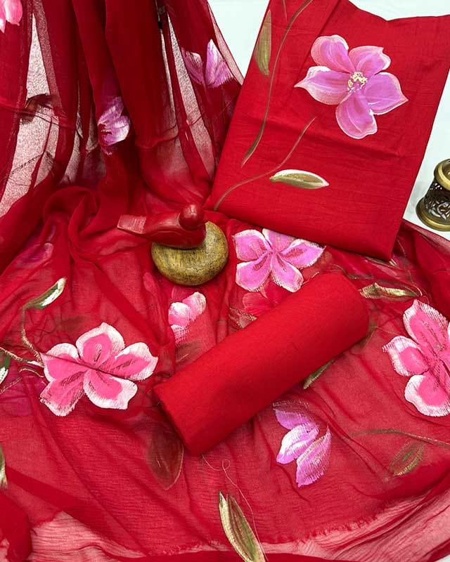 Pure Cotton Hand Block Print Unstitched Suit With Chiffon Dupatta .