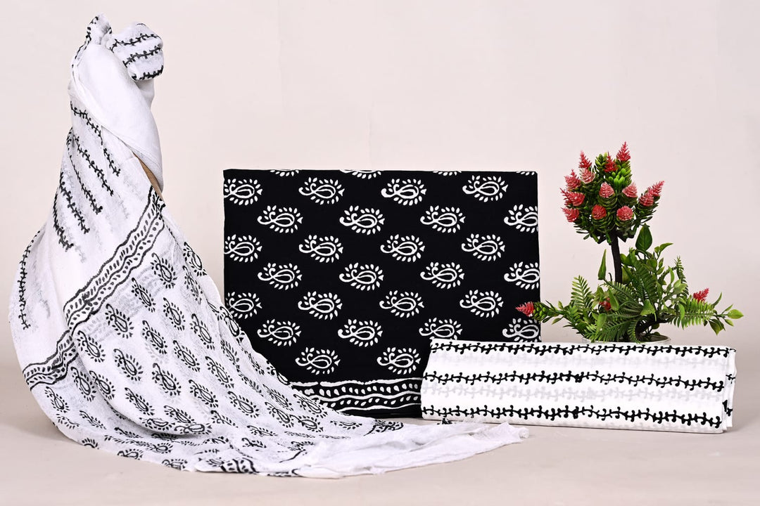 Pure Cotton Hand Block Print Unstitched Suit With Chiffon Dupatta .