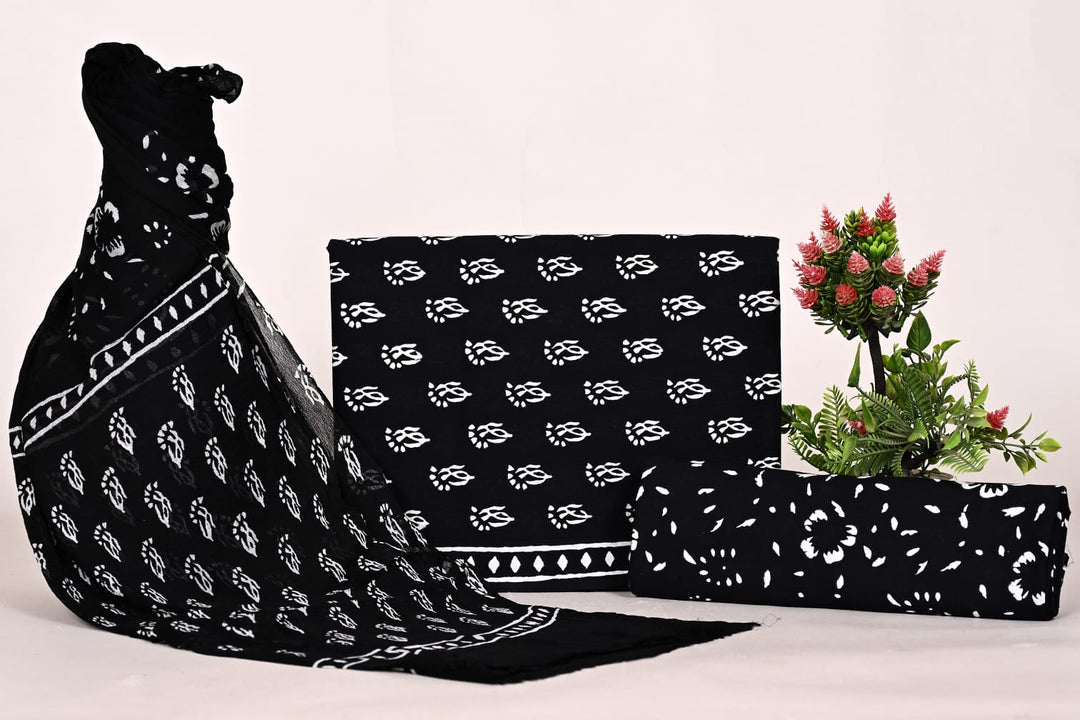 Pure Cotton Hand Block Print Unstitched Suit With Chiffon Dupatta .