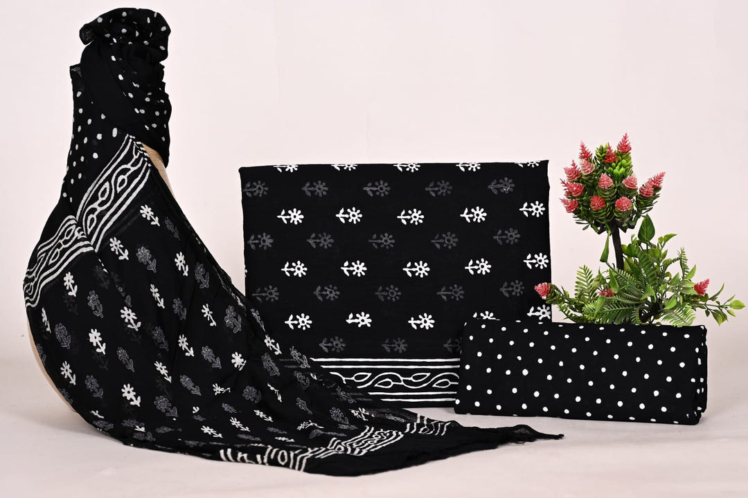 Pure Cotton Hand Block Print Unstitched Suit With Chiffon Dupatta .