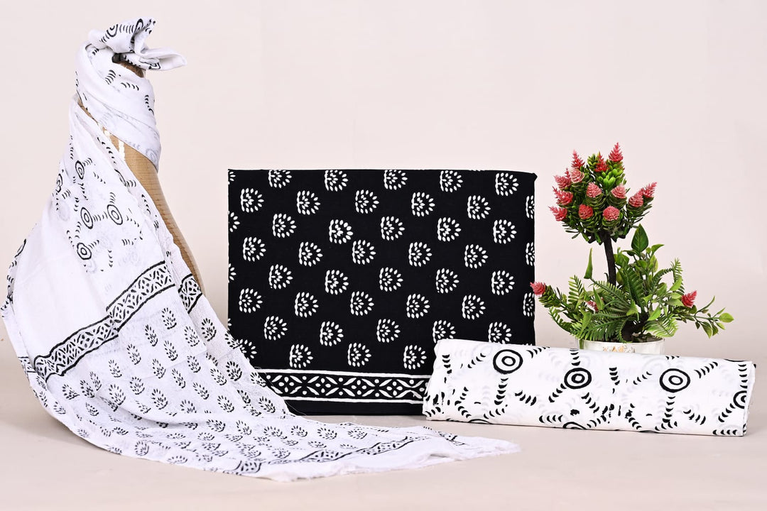 Pure Cotton Hand Block Print Unstitched Suit With Chiffon Dupatta .