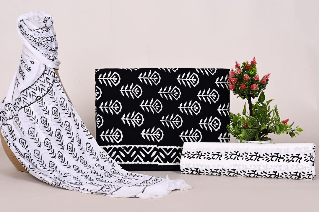 Pure Cotton Hand Block Print Unstitched Suit With Chiffon Dupatta .