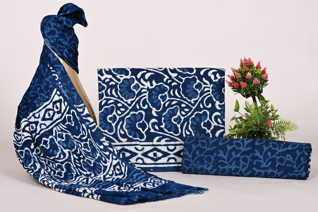 Pure Cotton Hand Block Print Unstitched Suit With Chiffon Dupatta .