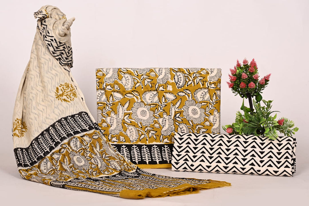 Pure Cotton Hand Block Print Unstitched Suit With Chiffon Dupatta .