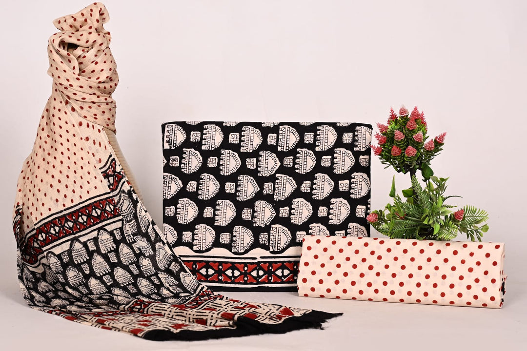 Pure Cotton Hand Block Print Unstitched Suit With Chiffon Dupatta .
