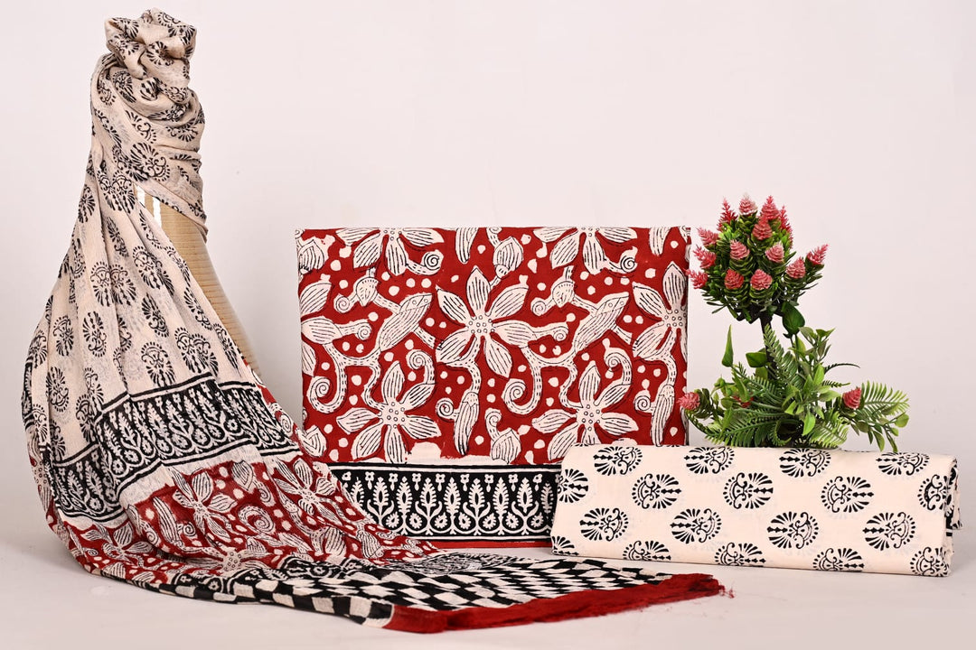 Pure Cotton Hand Block Print Unstitched Suit With Chiffon Dupatta .