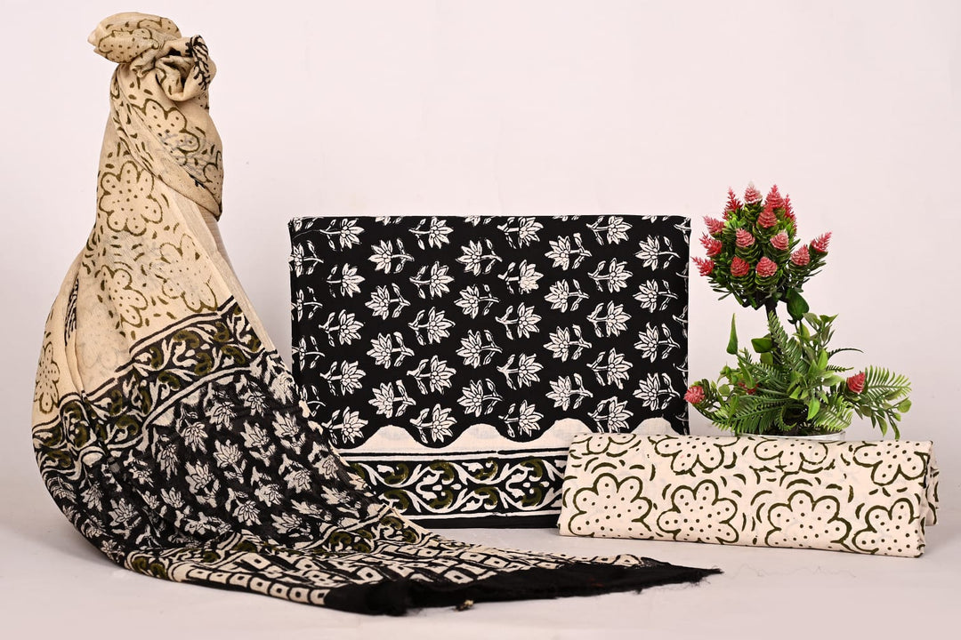 Pure Cotton Hand Block Print Unstitched Suit With Chiffon Dupatta .
