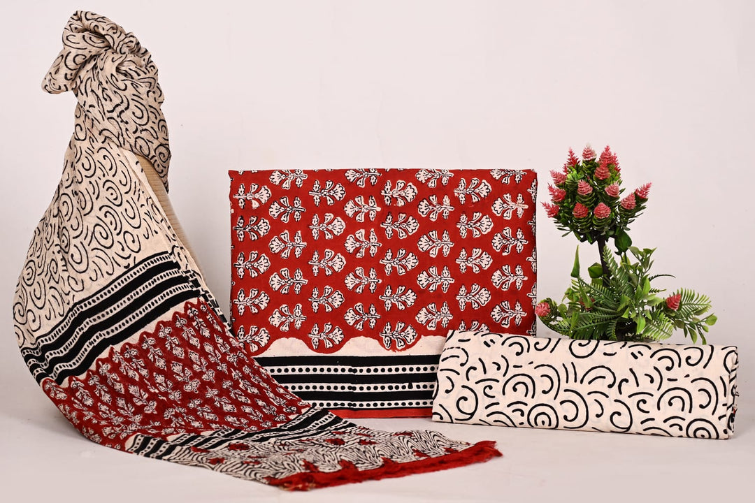 Pure Cotton Hand Block Print Unstitched Suit With Chiffon Dupatta .
