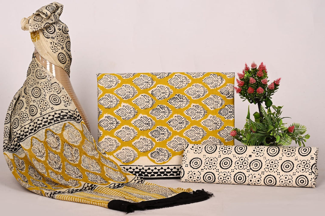 Pure Cotton Hand Block Print Unstitched Suit With Chiffon Dupatta .