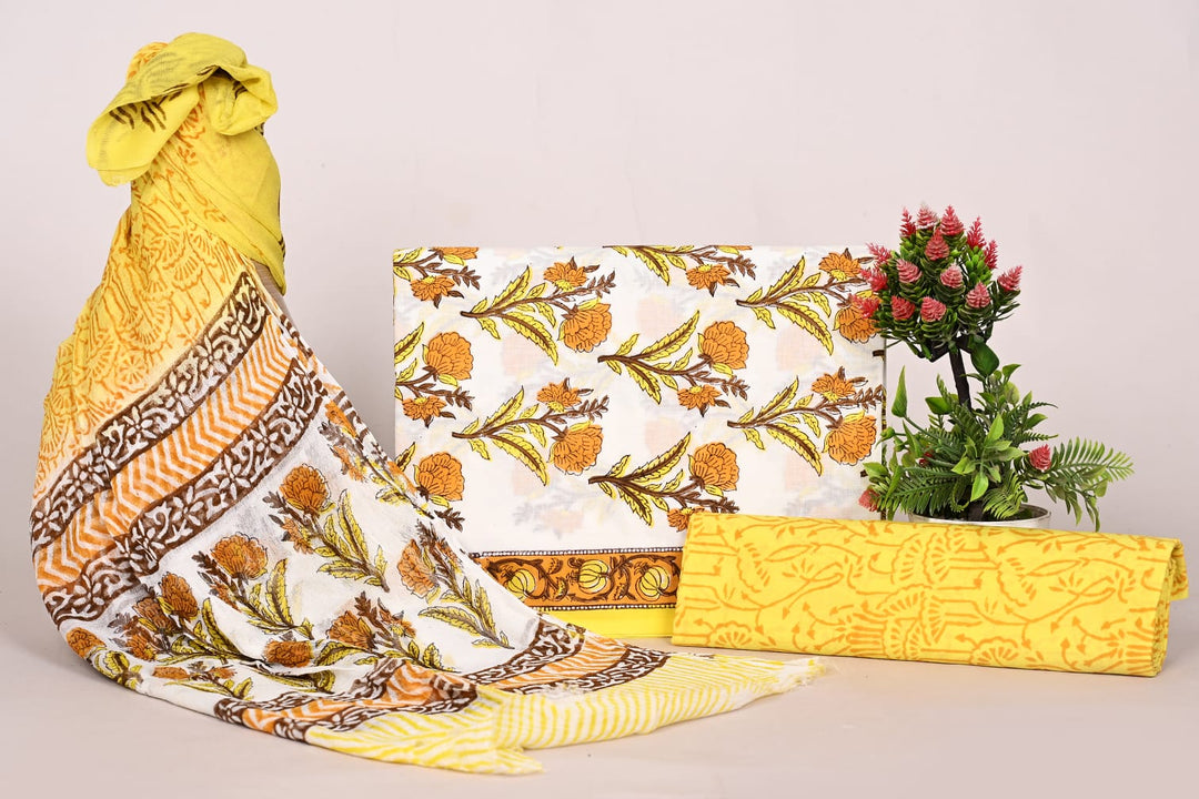Pure Cotton Hand Block Print Unstitched Suit With Chiffon Dupatta .