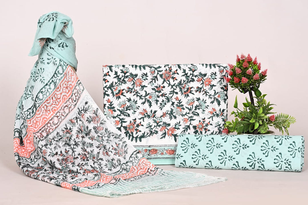 Pure Cotton Hand Block Print Unstitched Suit With Chiffon Dupatta .