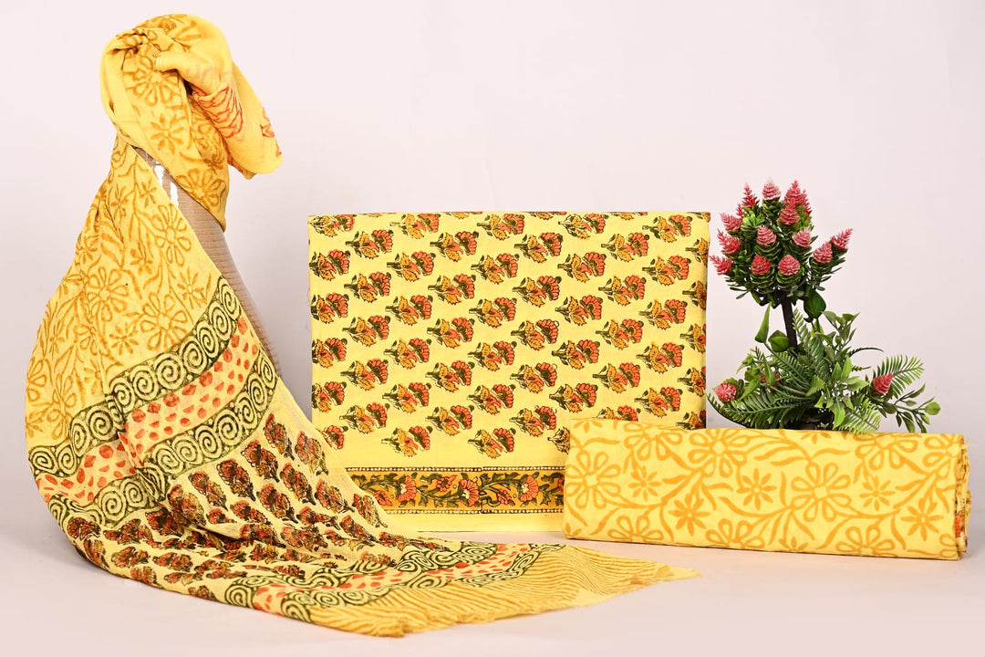 Pure Cotton Hand Block Print Unstitched Suit With Chiffon Dupatta .
