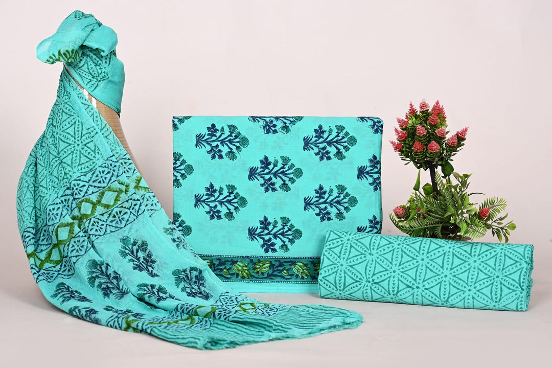 Pure Cotton Hand Block Print Unstitched Suit With Chiffon Dupatta .