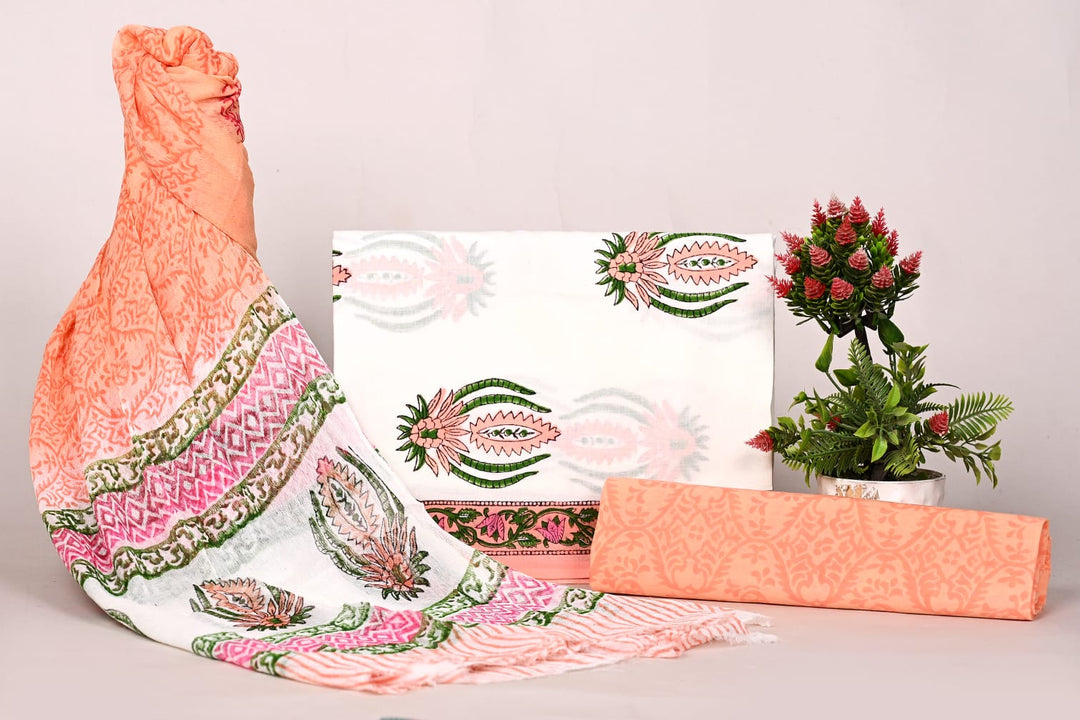Pure Cotton Hand Block Print Unstitched Suit With Chiffon Dupatta .