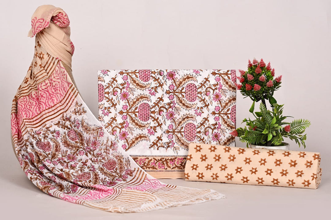 Pure Cotton Hand Block Print Unstitched Suit With Chiffon Dupatta .