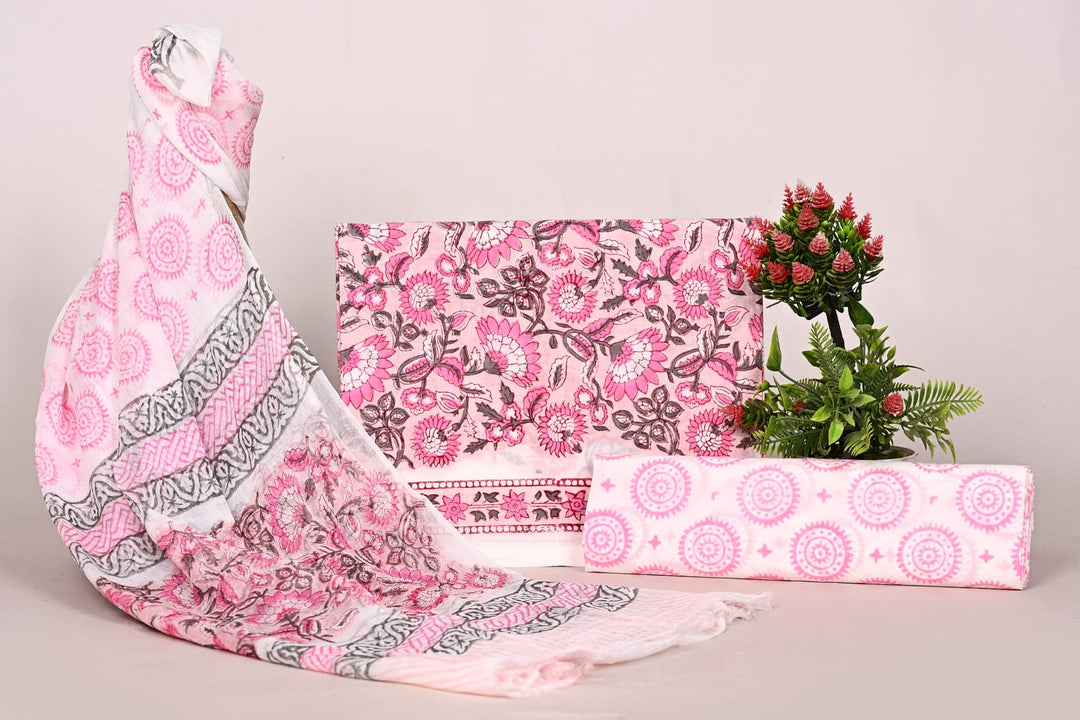 Pure Cotton Hand Block Print Unstitched Suit With Chiffon Dupatta .