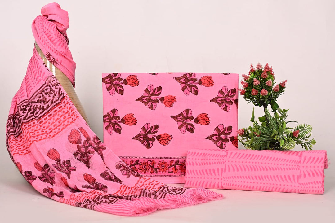 Pure Cotton Hand Block Print Unstitched Suit With Chiffon Dupatta .