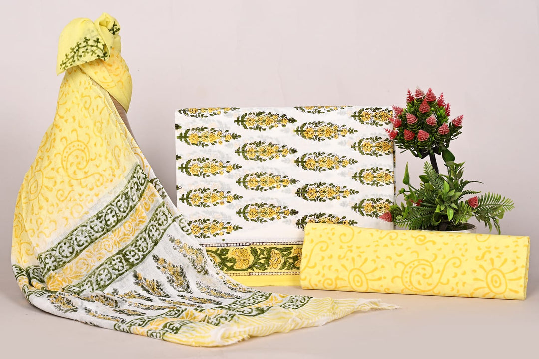 Pure Cotton Hand Block Print Unstitched Suit With Chiffon Dupatta .
