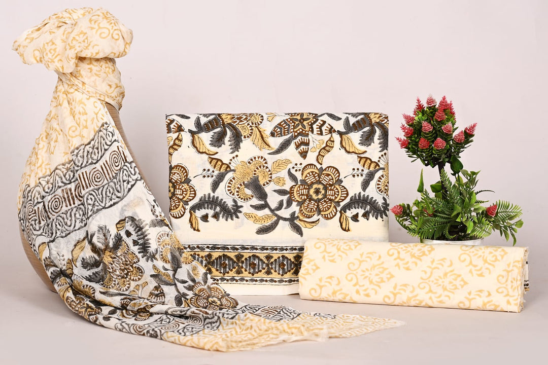 Pure Cotton Hand Block Print Unstitched Suit With Chiffon Dupatta .