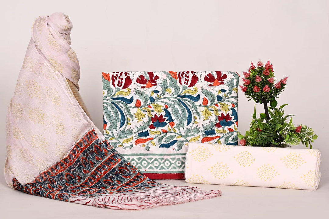 Pure Cotton Hand Block Print Unstitched Suit With Chiffon Dupatta .