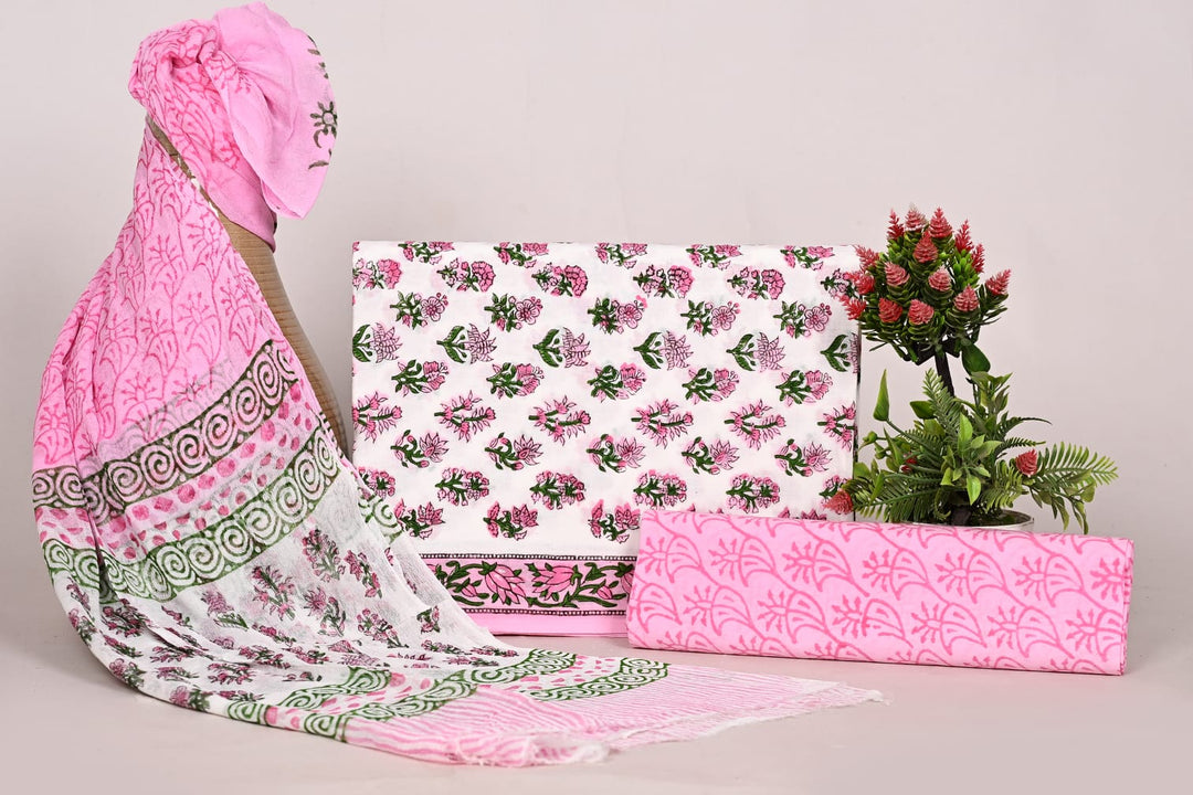Pure Cotton Hand Block Print Unstitched Suit With Chiffon Dupatta .