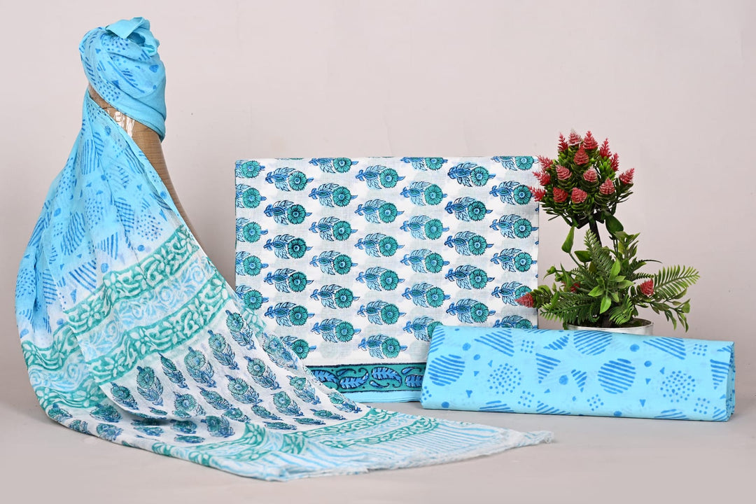 Pure Cotton Hand Block Print Unstitched Suit With Chiffon Dupatta .
