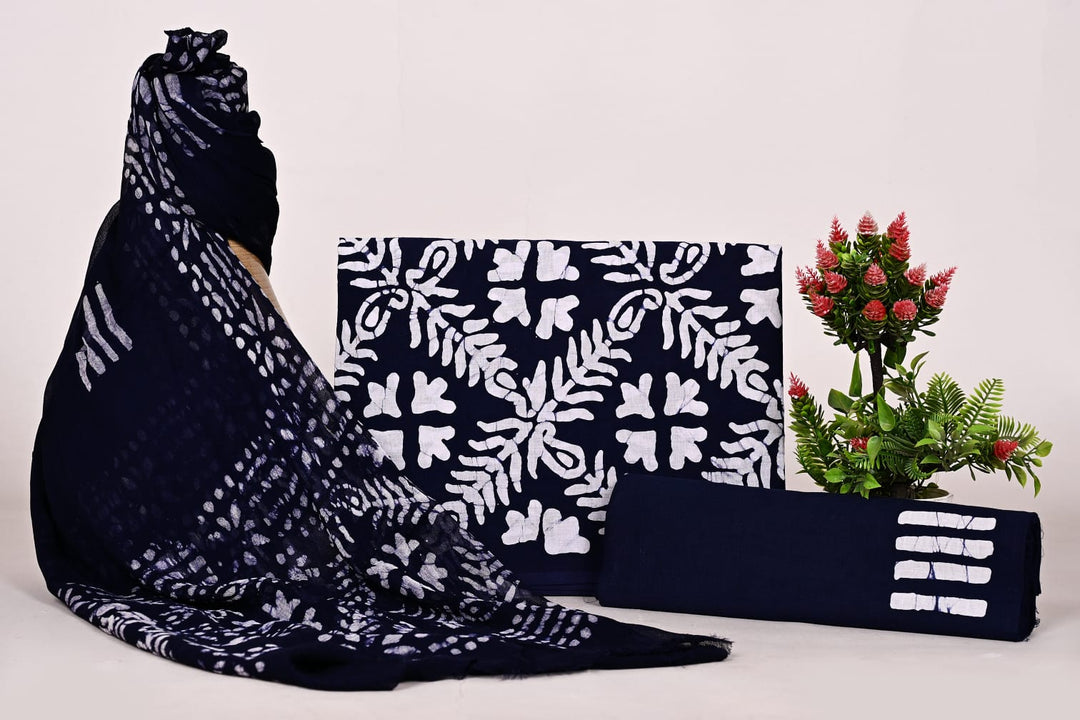 Pure Cotton Hand Block Print Unstitched Suit With Chiffon Dupatta .