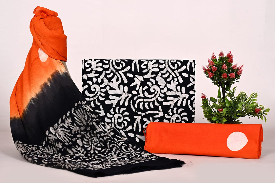 Pure Cotton Hand Block Print Unstitched Suit With Chiffon Dupatta .