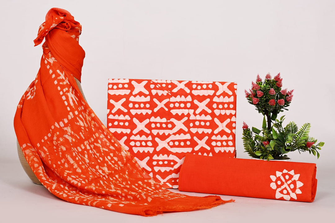 Pure Cotton Hand Block Print Unstitched Suit With Chiffon Dupatta .