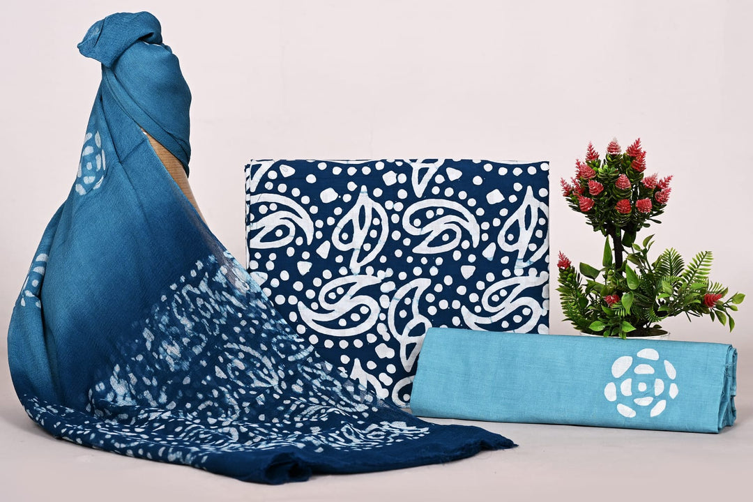 Pure Cotton Hand Block Print Unstitched Suit With Chiffon Dupatta .