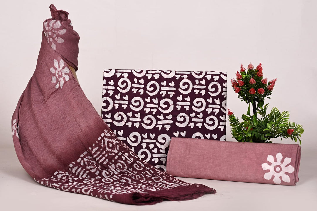 Pure Cotton Hand Block Print Unstitched Suit With Chiffon Dupatta .