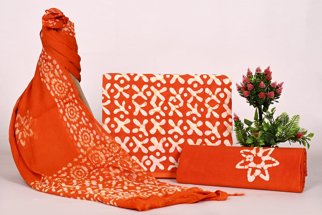 Pure Cotton Hand Block Print Unstitched Suit With Chiffon Dupatta .