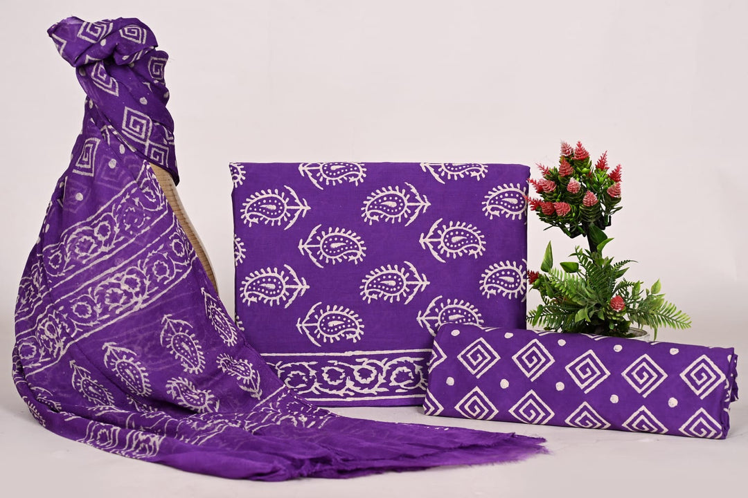 Pure Cotton Hand Block Print Unstitched Suit With Chiffon Dupatta .