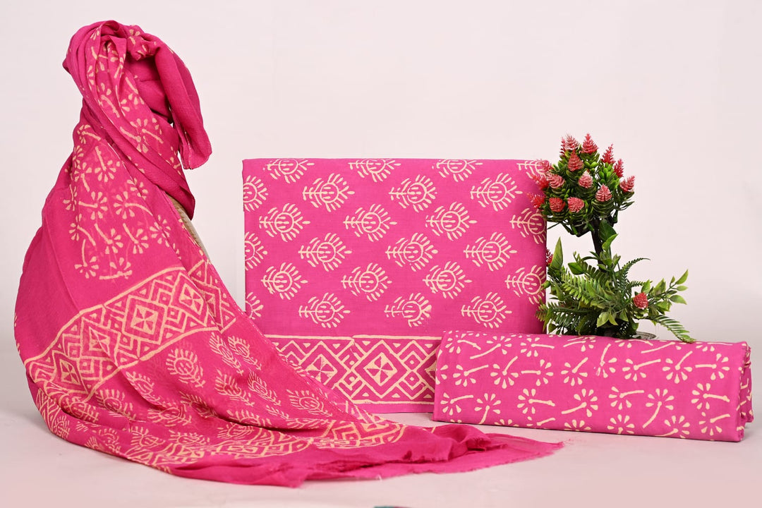 Pure Cotton Hand Block Print Unstitched Suit With Chiffon Dupatta .
