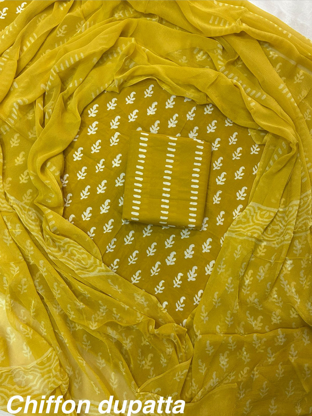 Pure Cotton Hand Block Print Unstitched Suit With Chiffon Dupatta .