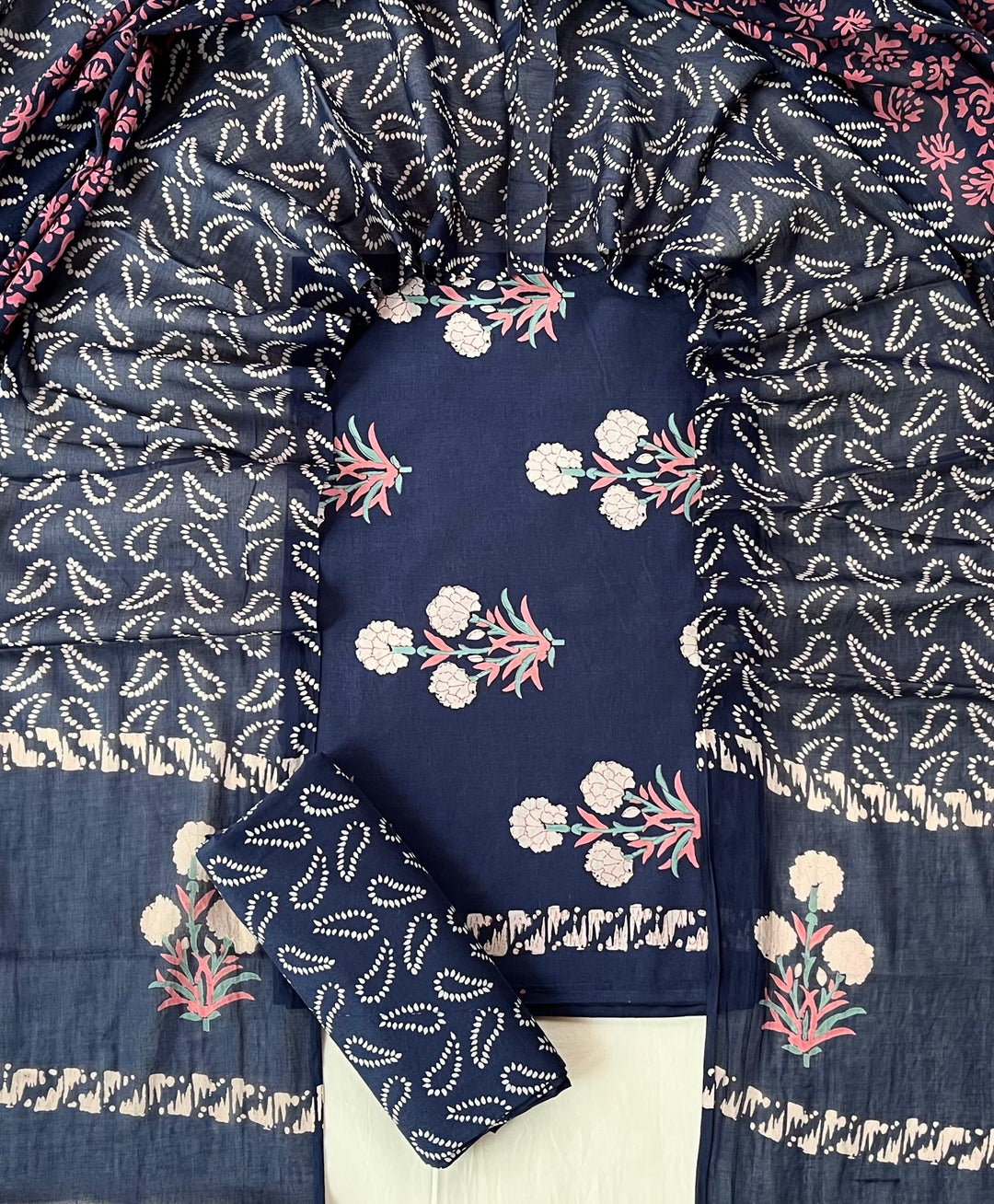 Pure Cotton Hand Block Print Unstitched Suit With Cotton Dupatta
