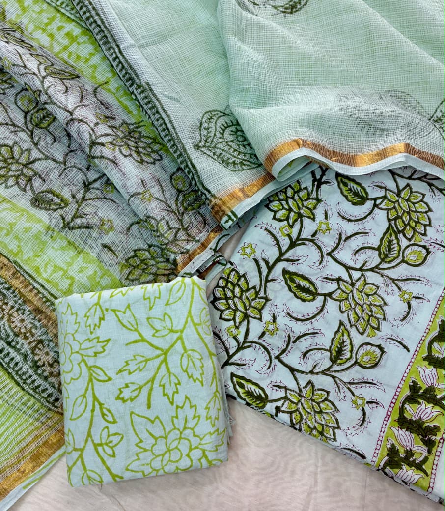 Pure Cotton Hand block print Unstitched Suit with Kota Dupatta .