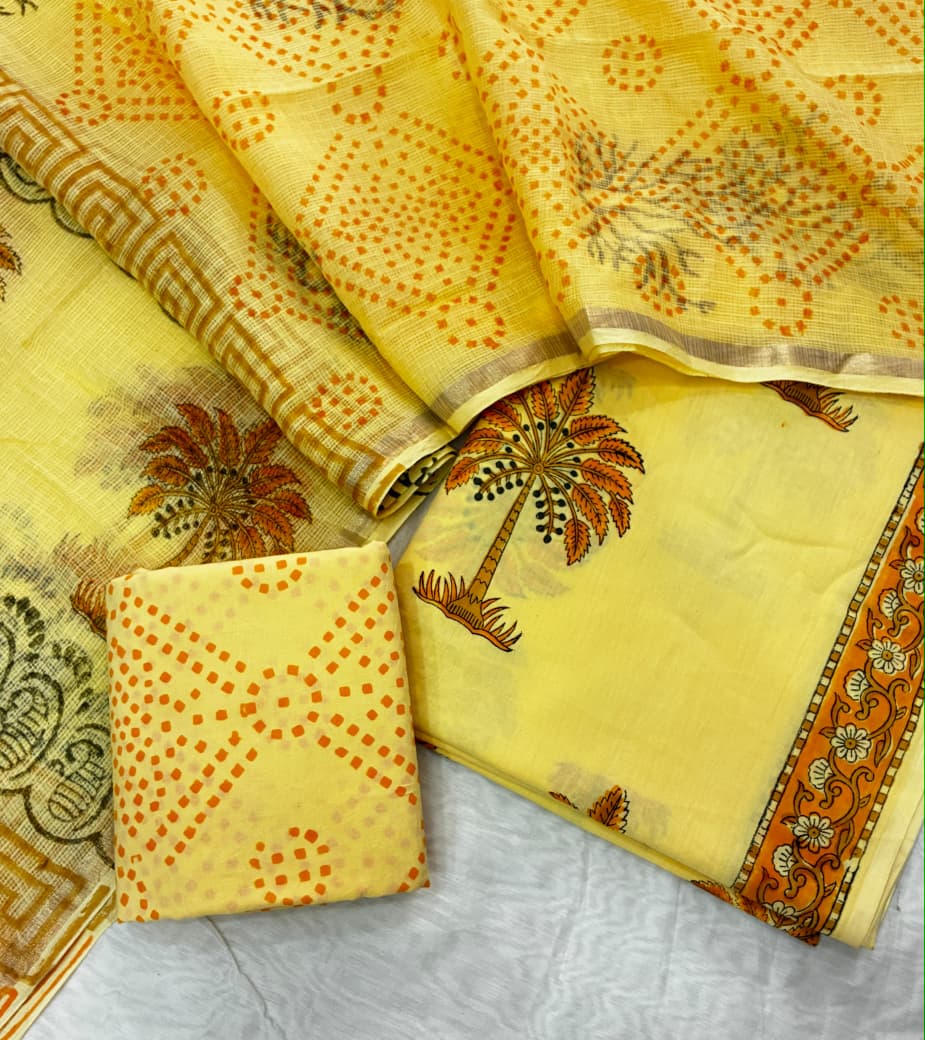 Pure Cotton Hand block print Unstitched Suit with Kota Dupatta .