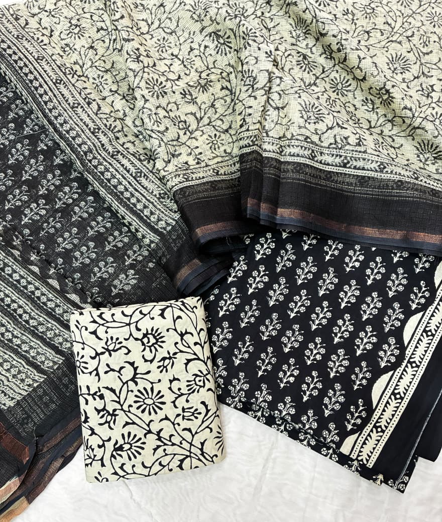 Pure Cotton Hand block print Unstitched Suit with Kota Dupatta .