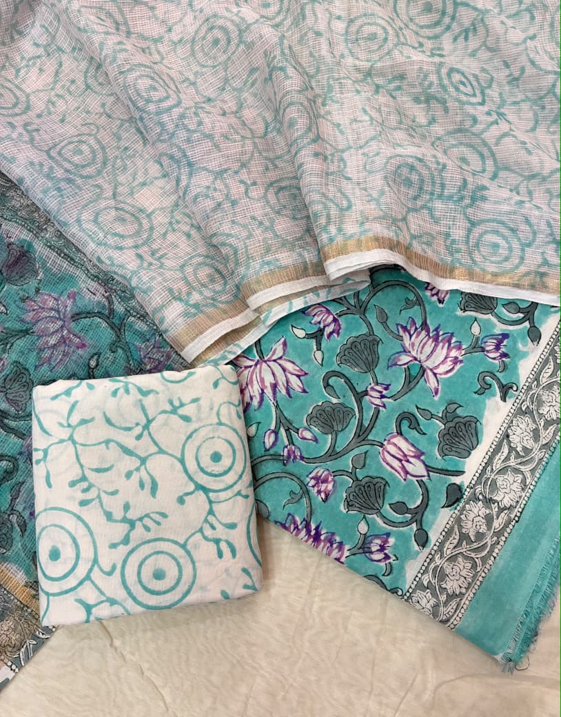 Pure Cotton Hand block print Unstitched Suit with Kota Dupatta .